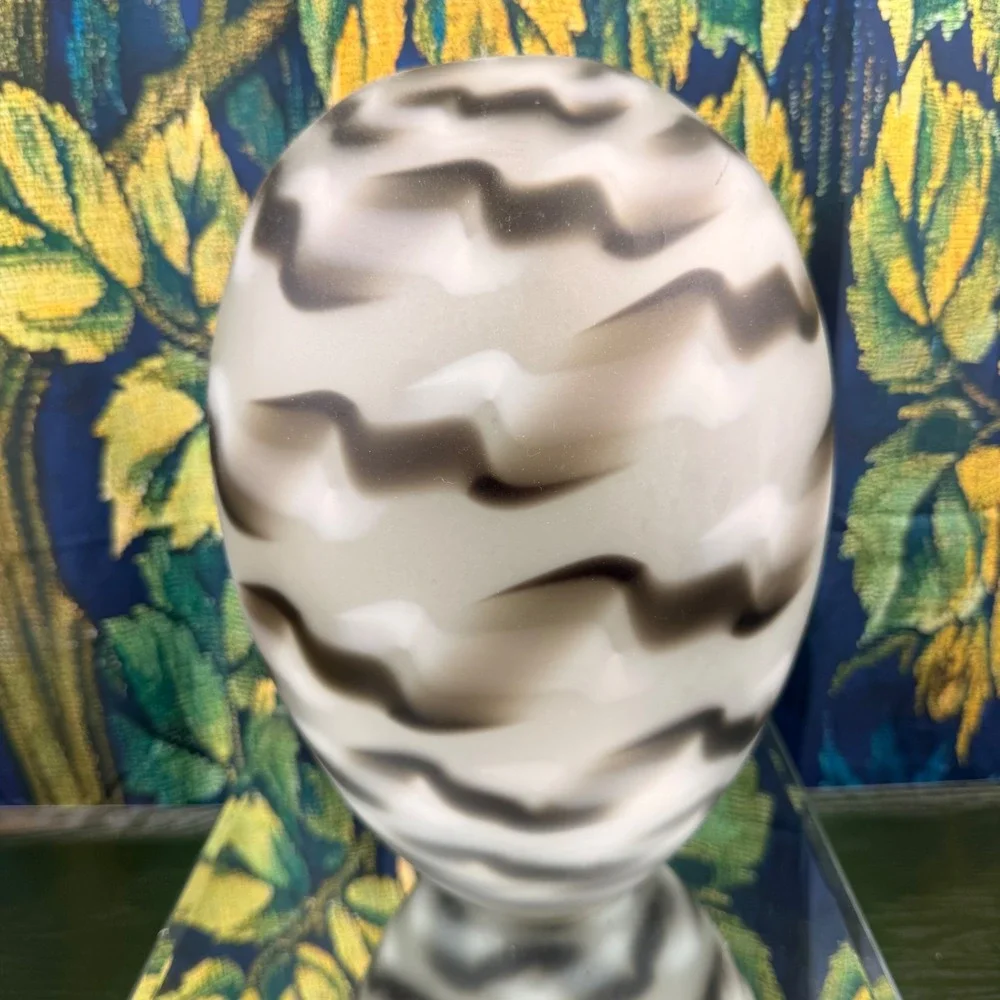 Frosted Art Glass Egg Vase Smoky Grey Wavy Pattern Large Sculptural Vessel 11.5